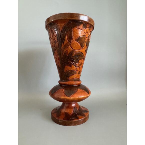 Vintage Hand Carved Solid Wooden Flower Bali Style Tropical Floral Vase Art Boho - Picture 5 of 9